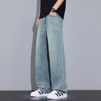 软弹垂感浅蓝牛仔裤男怀旧水洗做旧宽松阔腿美式高街拖地长裤