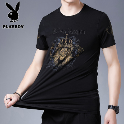 花花公子2021男士夏季新款刺绣烫钻天丝罗马卫衣男圆领休闲T恤男
