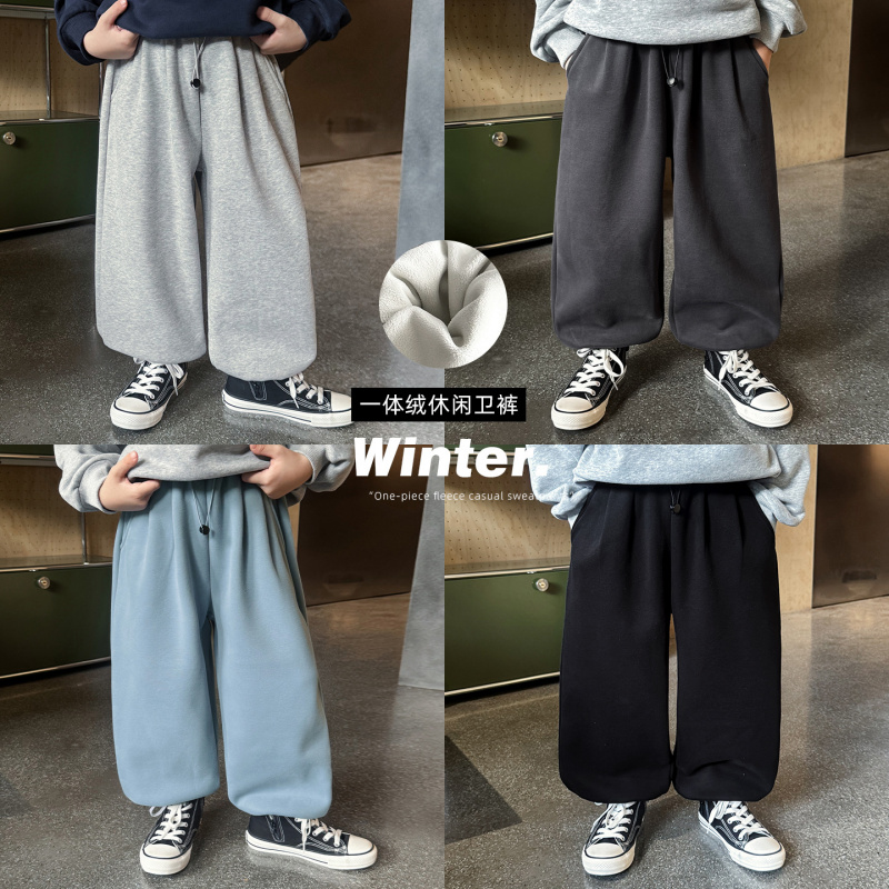 童酷男童冬季新款韩版纯色宝宝休闲裤百搭一体绒加厚儿童卫裤