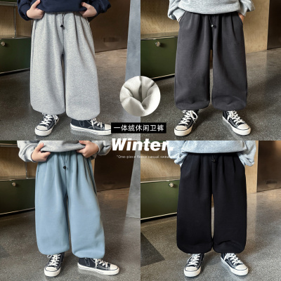 童酷男童冬季新款韩版纯色宝宝休闲裤百搭一体绒加厚儿童卫裤