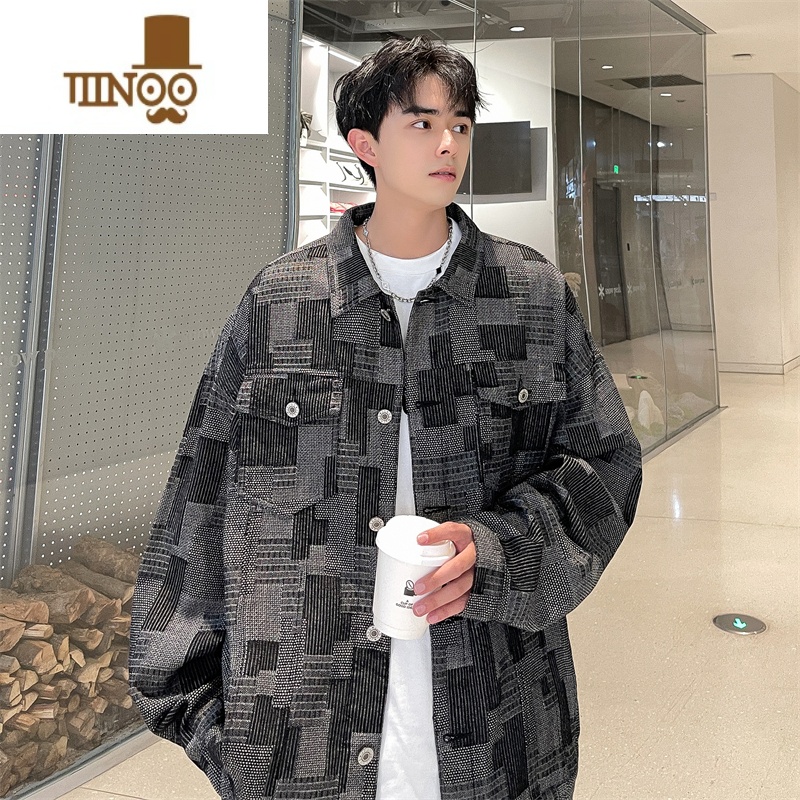 YANXU港风ins牛仔夹克男秋季加肥大码潮牌胖子宽松青少年痞帅工装外套