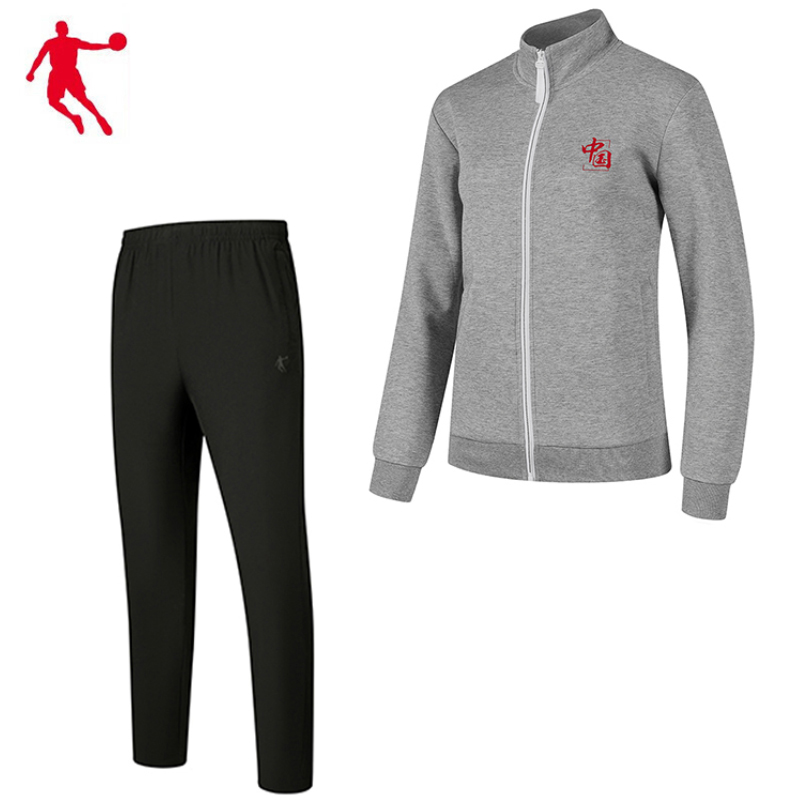 乔丹 运动长袖长裤套装 运动套装 KWD41213294+KKL43211277 灰花灰+黑色 XS 套