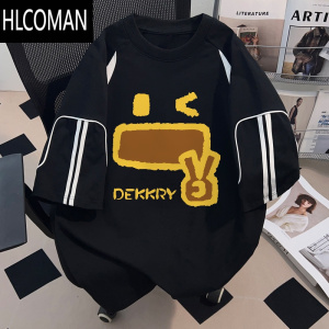 HLCOMAN美式图案印花短袖T恤男女款夏季ins潮牌黑色拼接半袖上衣