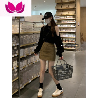 七斓黑色露肩长袖T恤女春季2023新款设计感小众洋气减龄复古短款上衣