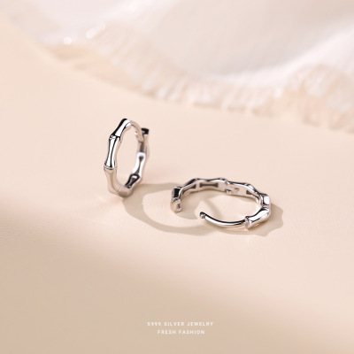 竹节耳环女s999纯银新中式简约耳扣百搭小众足银耳圈男潮流耳饰送女朋友老婆情人节七夕生日礼物