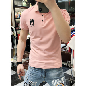 夏装新款翻领POLO衫男短袖潮流青年美式简约刺绣字母纯色翻领T恤_2