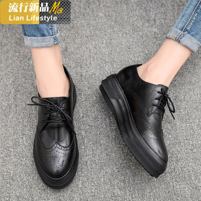 布洛克厚底鞋女2019春秋季新款英伦风真皮尖头松糕鞋系带平底单鞋知义(ZHIYI)休闲鞋
