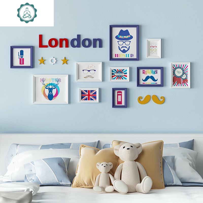 宝宝照片墙儿童房男孩卧室创意组合免打孔卡通相框背景墙装饰挂墙 封