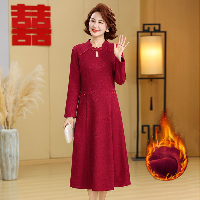 妈妈冬装加绒连衣裙洋气婚宴礼服喜庆婆婆装酒席衣服中老年女装