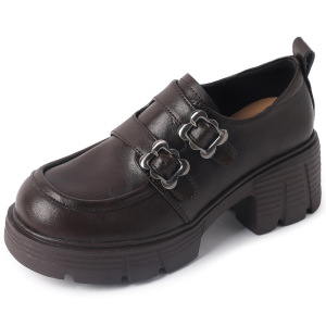 厚底真皮小皮鞋女英伦风年秋新款圆头单鞋金属扣带复古乐福鞋