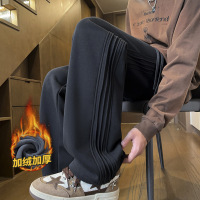 |加绒运动裤男针织三条杠条纹直筒秋冬休闲运动裤卫裤男