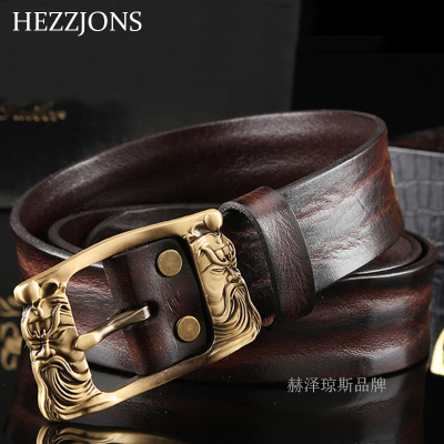 赫泽琼斯HEZZJONS正品皮带男进口真牛皮腰带纯铜针扣休闲皮带青中年潮流牛仔裤腰带
