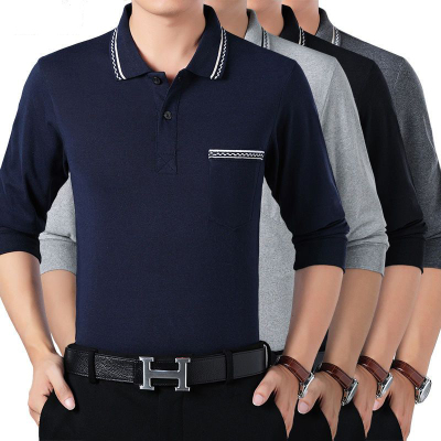 秋季新款时尚潮流商务休闲男士长袖T恤爸爸装中老年男装秋衣纯色翻领修身简约常规百搭打底衫