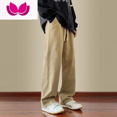 七斓卡其色牛仔裤男新款宽松直筒松紧腰裤子ins潮牌高街休闲长裤