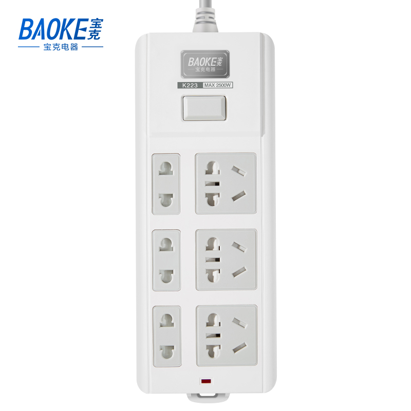 宝克(BAOKE)K223 插线板 新国标延长线插座6位组合总控开关 2500W MAX 白色 1个