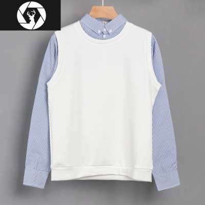 HongZun秋冬休闲衬衫领拼接卫衣男修身韩版假两件套装学生条纹帅气上衣其他套装