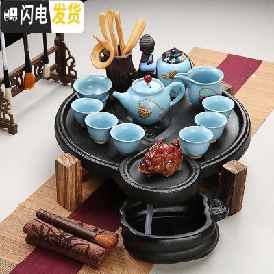 三维工匠家用石磨茶盘黑陶粗陶手绘紫砂哥窑汝窑功夫茶具陶瓷茶台茶托干泡 牛转乾坤茶盘+汝窑茶具套组 20件