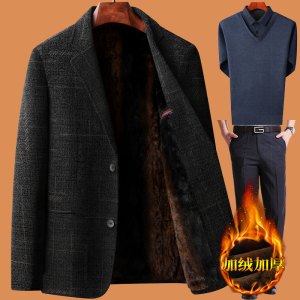 啄木鸟爸爸冬装外套装加绒加厚中年50岁西服男喜公公婚宴礼服西装