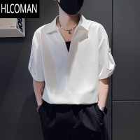 HLCOMAN高级感V领纯色衫男夏季潮牌痞帅短袖T恤2025新款男士休闲上衣
