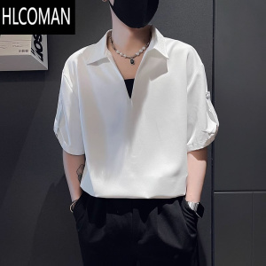 HLCOMAN高级感V领纯色衫男夏季潮牌痞帅短袖T恤2025新款男士休闲上衣