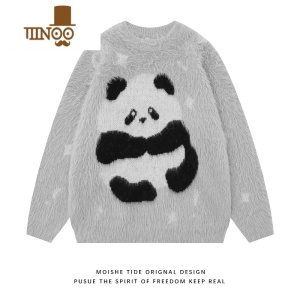 YANXUMOISHE TIDE潮牌复古趣味熊猫提花圆领针织衫男宽松情侣休闲毛衣