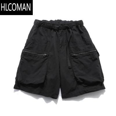 HLCOMAN日系复古水洗做旧拉链工装短裤男国潮牌宽松直筒clean休闲五分裤