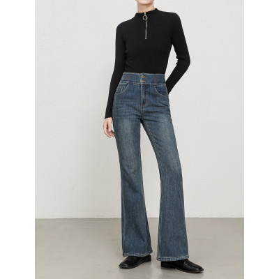 冬加绒加厚复古怀旧喇叭裤高腰刺绣微喇牛仔裤女