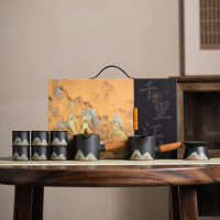 苏氏陶瓷(SUSHI CERAMICS)手绘釉画彩千里江山侧把茶壶功夫茶具礼盒套组中国风文创系列