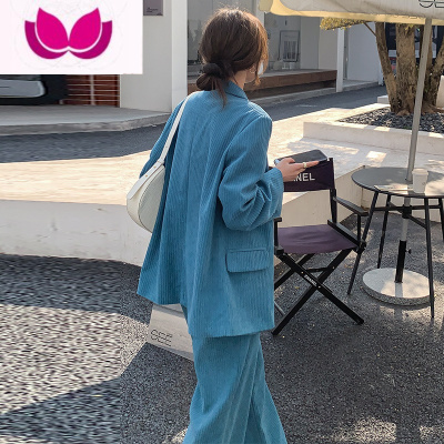 七斓蓝色灯芯绒小西装套装外套女高级设计感2023年新款职业西服