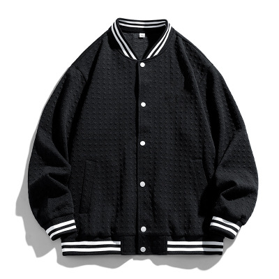 春秋季男士棒球服针织提花韩版纯色简约休闲落肩排扣外套