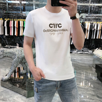 新款男装原创欧货烫钻潮牌短袖 T恤男夏季丝光棉欧美式网红款