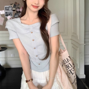 纯欲风方领短袖T恤女式夏季新款韩版显瘦时尚设计感辣妹短款上衣
