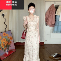 YIBUSHENG法式气质v领收腰假两件波点连衣裙子女2024新款御姐轻熟风长裙