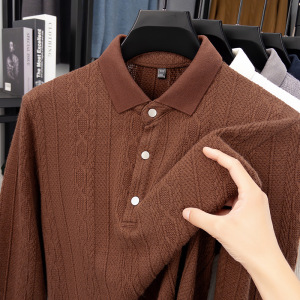 秋季新款时尚男士长袖T恤中年爸爸翻领针织衫打底衣