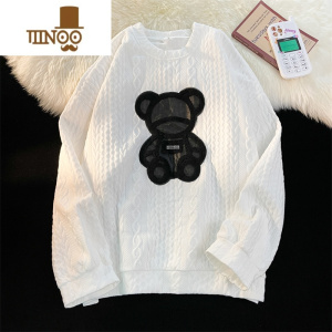 YANXU潮牌小熊圆领卫衣男日系宽松oversize套头上衣港风复古百搭打底衫