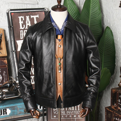 AliJackma海宁柔软头层牛皮男士真皮皮衣短款休闲翻领皮外套机车皮夹克商务男装SN2030-2