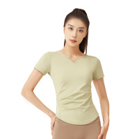 速干V领短袖裸感健身褶皱T恤百搭运动上衣跑步瑜伽短袖女