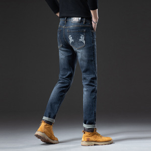 欧货牛仔裤男士修身小直脚弹力裤子潮牌TB加厚秋冬款棉质水洗蓝色