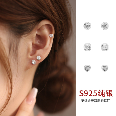 925纯银方块爱心闪亮耳钉女耳环耳饰小众睡觉不用摘网红潮送女朋友老婆情人节七夕生日礼物