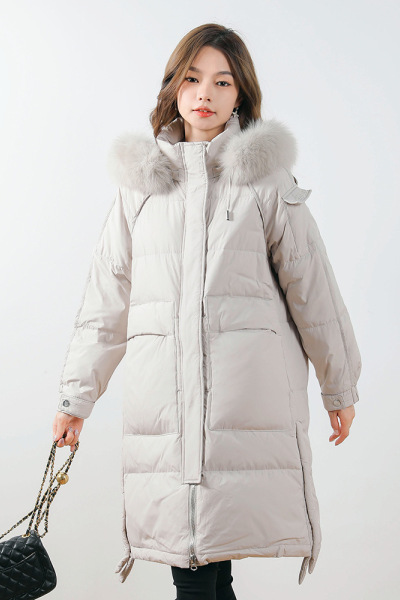 90绒女式纯色连帽中长款女装加厚款狐狸毛白鸭绒羽绒服_833