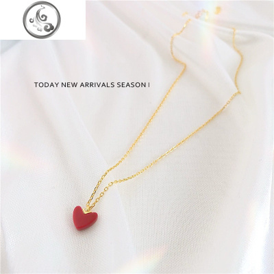 925纯银天然红松石红色爱心吊坠短款项链颈链女 日韩百搭锁骨链 JiMi
