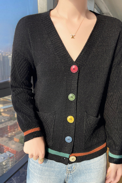 春秋女装韩版口袋毛衣外套宽松女式V领长袖外搭彩扣针织开衫