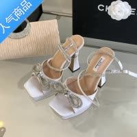 SUNTEK夏季新款水钻蝴蝶结露趾凉鞋女时尚粗跟防水台模特走秀透明高跟鞋