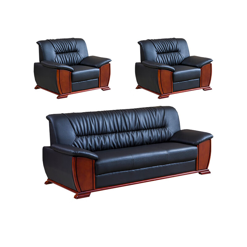 锦北 办公沙发老板皮沙发商务会客接待会议沙发组合 头层黑牛皮1+1+3