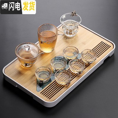 三维工匠 日式耐热锤纹玻璃茶具套装整套泡茶壶简约功夫茶杯茶台茶道 10头冰丝盖碗(锡花)+白远山干泡盘 15件