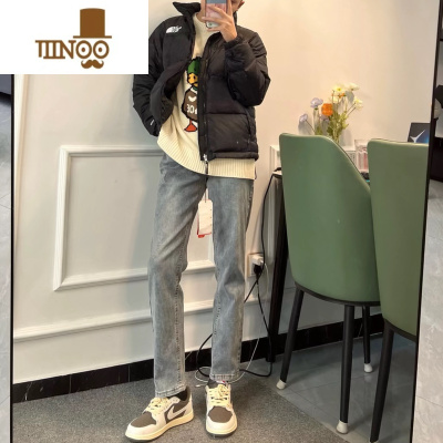 YANXU2023韩版ins超火经典洗水浅蓝牛仔裤青年宽松直筒裤九分裤男