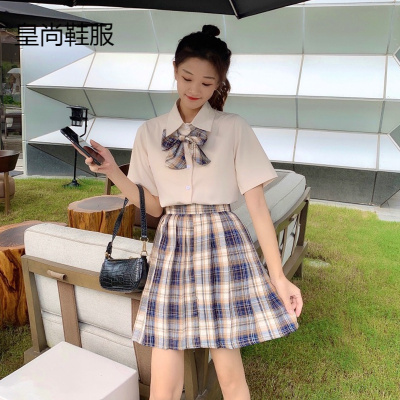 新品直营-疆拓（JIANGTUO）日系JK学院风套装女夏季2020新款气质衬衫高腰格子半身裙短裙时尚两件套