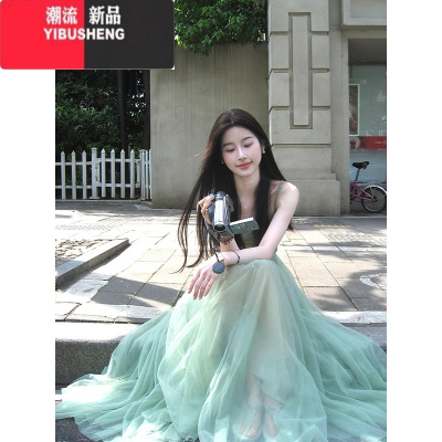 YIBUSHENG2024装新款度假风连衣裙女氛围感仙裙子收腰显瘦薄荷绿色长裙