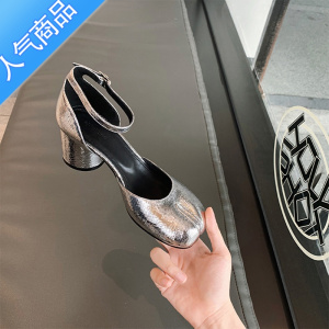 SUNTEK羊皮版~玛丽珍高跟鞋女2023新款粗跟银色单鞋圆头浅口分趾猪蹄鞋