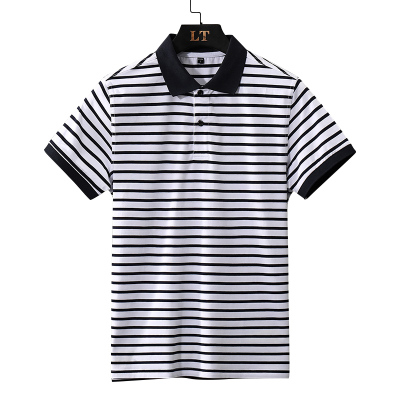 轻奢世家2021年夏季新款商务休闲男士短袖Polo衫男装中青年棉质弹力大码时尚小条纹翻领t恤男士体恤男士潮款衣服-1